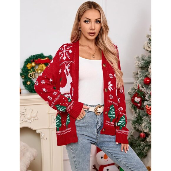Women's Ugly Christmas Sweater Animal Tree Knit Cardigan Open Front Small - Picture 4 of 9